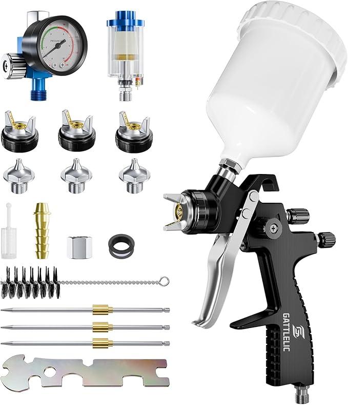 LVLP Air Spray Gun Premium Kit with 1.3/1.5/1.7mm Nozzle & Air Regulator,Automotive Paint Sprayer, for Cars & House DIY Painting Gun