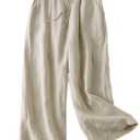 FTCayanz Women's Linen Cropped Wide Leg Pants Elastic Waist Casual Palazzo Trousers with Pockets, S, Beige