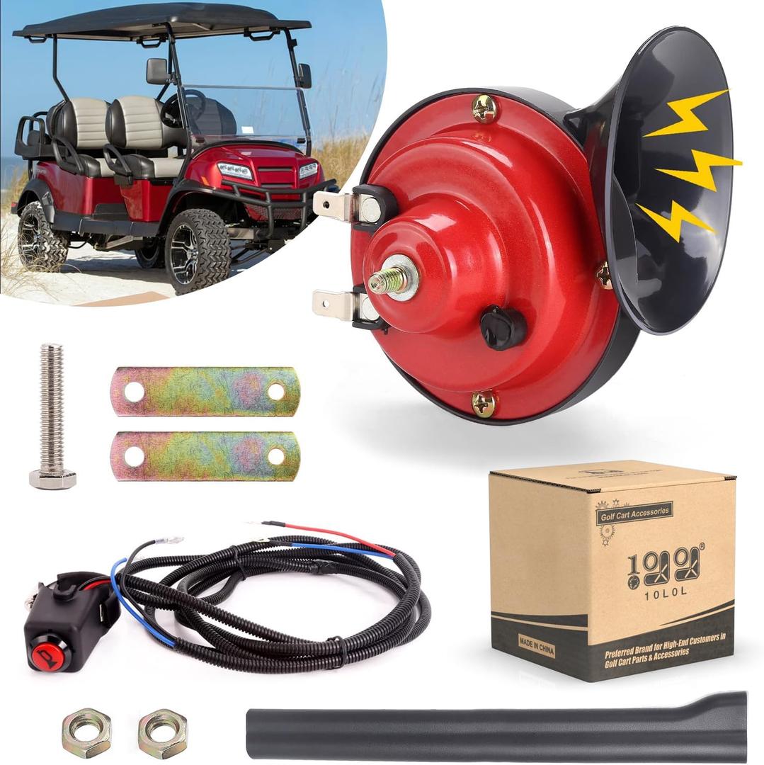 10L0L Golf Cart 12 Volt Horn Kit, Horn Switch and Wire Harness Assembly Universal Fit Club Car, EZGO and Yamaha and ATV, UTV, Boat (Upgrade Steering Mount Hand Press Switch)