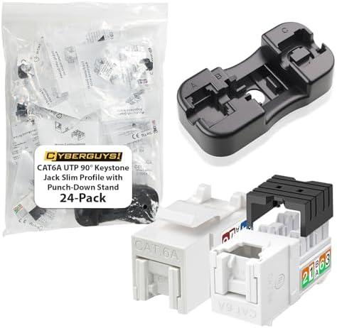 Cyberguys UTP 90° CAT6A Keystone Jack Slim Profile, White 24-Pack, 10Gbps High-Speed Network RJ45 Keystone Jack w/ Punch-Down Stand, ULCertified, Universal Keystones Fit, Durable Tool-less Termination