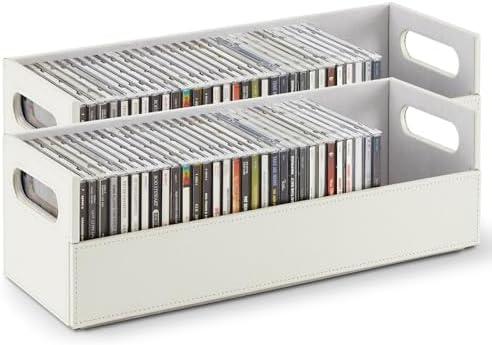 Stock Your Home 2- Pack CD Storage Box, Organizer Shelf for Movie Cases, DVDs, Cassette Tape Display Stand, Disc Holder Can Store Up to 40 CDs, Faux Leather (White with White Interior)