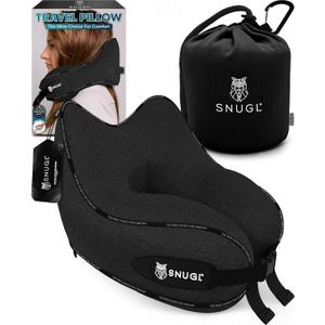 SNUGL Travel Pillow  Neck Pillow Airplane, Travel Pillows for Airplanes, Neck Pillows Memory Foam  Road Trip Essentials for Adults  Traveling Essentials - Gifts for Travelers Men & Women (Jet Black)