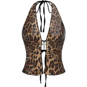 Verdusa Women's Lerpard Print Sequin Halter Top Rave Club Date Night Going Out Corset Tops (XL)