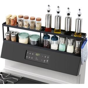 OTraki 2 Tier Strong Magnetic Oven Shelf 30 Inch Length Spice Rack Over The Stove Shelf with 2 Anti-Slip Mats Seasoning & 4 Hooks Kitchen Spice Storage Organizer Black