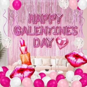 Galentines Day Decorations, 80PCS Balloons, Pink Foil Backdrop, Happy Galentines Day Balloons for Girls Ladies Bachelorette Party Decor