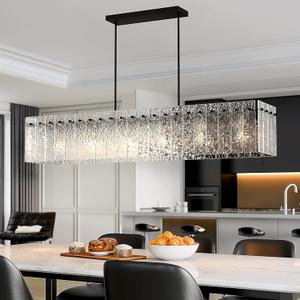 4FT Long Chandelier for Dining Room - Black Dining Room Light Fixture Linear Crystal Design with Water Ripple Glass & Large Rectangle & 6pcs MAX 60W E26 Bulbs(Not Include),50pcs Glass Sheet (Flat (All around))