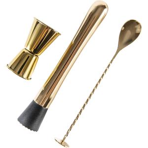3-Pcs Gold Muddler & Mixing Tools Set, 10" Muddler, 12" Cocktail Spoon & 1 oz/2 oz Double Jigger, Bar Tool Set for Beverages