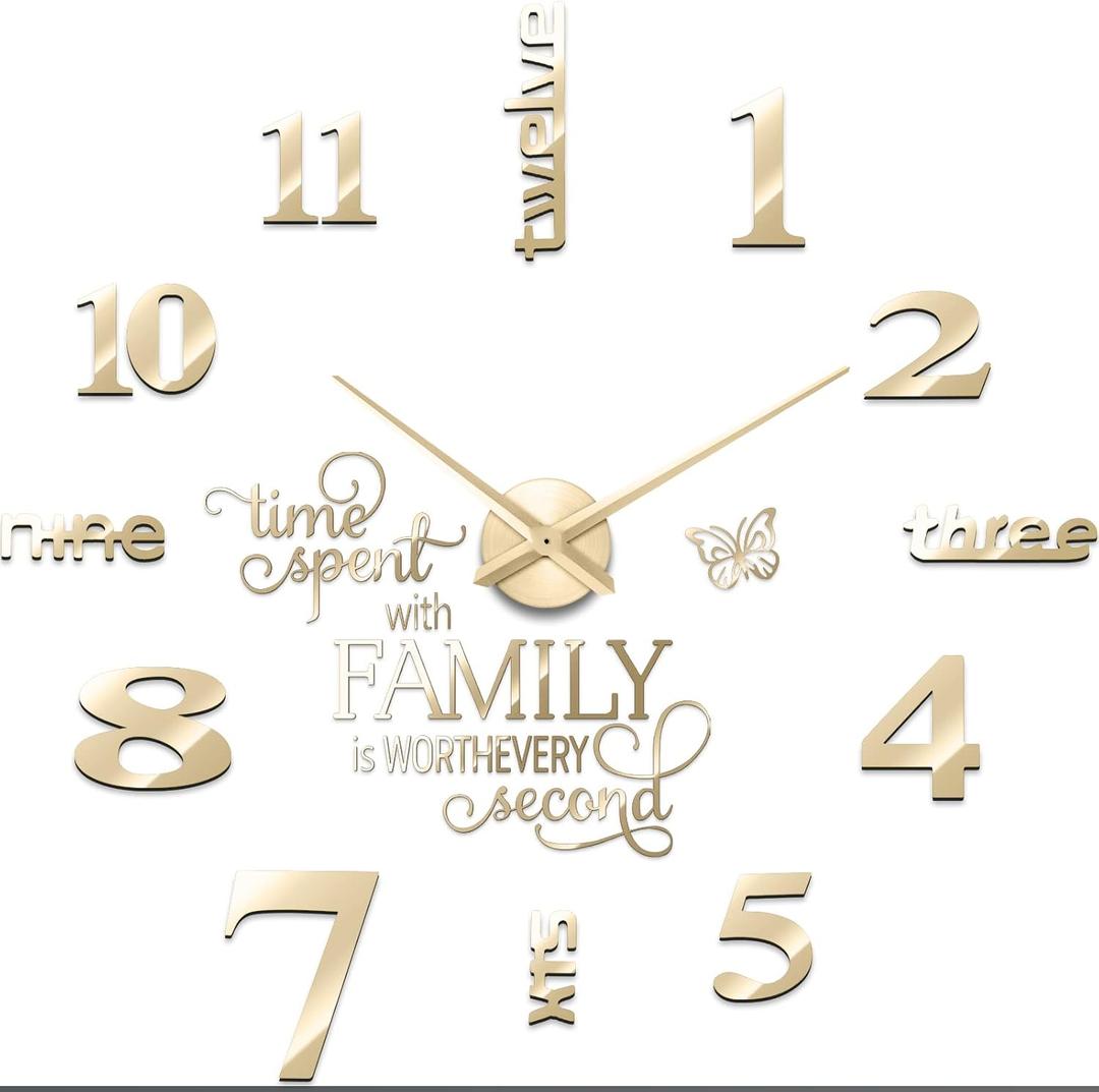 Junkin 3D Large Frameless DIY Wall Clock Modern Decor Family Quote Wall Stickers Clock Kit for Home Living Room Bedroom Office Decorations Adjustable Size(Gold)