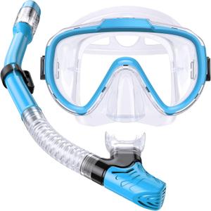 Kids Snorkel Set, Anti-Fog Panoramic Tempered Glass Kids Snorkel mask, Anti-Leak Scuba Diving Mask with Mesh Bag, Dry Top Snorkeling Gear for Kids and Youth Age 4-16 (Light Blue+Transparent)