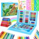 homicozy Art Supplies, Dinosaur Drawing & Coloring Set with Crayons, Colored Pencils, Markers, Sketchbook, Watercolor Cakes, Stencils, Arts and Crafts Painting Kit for Kids Ages 4-10, Girls Boys Gift