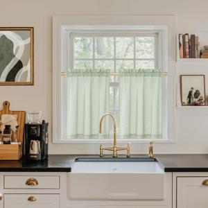 NICETOWN Linen Kitchen Short Curtains 36 Inch Length, Light Green Plaid Farmhouse Bathroom Decor Drapes, Light Filtering Tier Curtains with Rod Pocket for Living Room Bedroom, 2 Panels, 3036