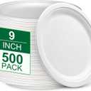 9 inch Paper Plates Bulk 500 Pack, 100% Compostable Plates Heavy Duty Sturdy, White Plates Disposable Recycled Eco Friendly Biodegradable Sugarcane Plates