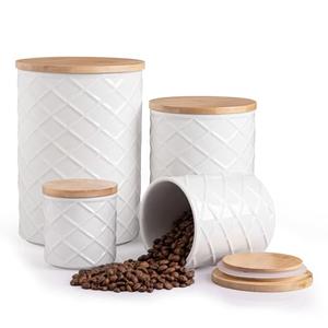 Sweejar Ceramic Canister Sets for Kitchen Countertop, Relief Food Storage Jar with Bamboo Lid, Stackable Container for Flour, Coffee, Pasta, Cereal, Tea, Cookies, Sugar, Spices, Pack of 4, White