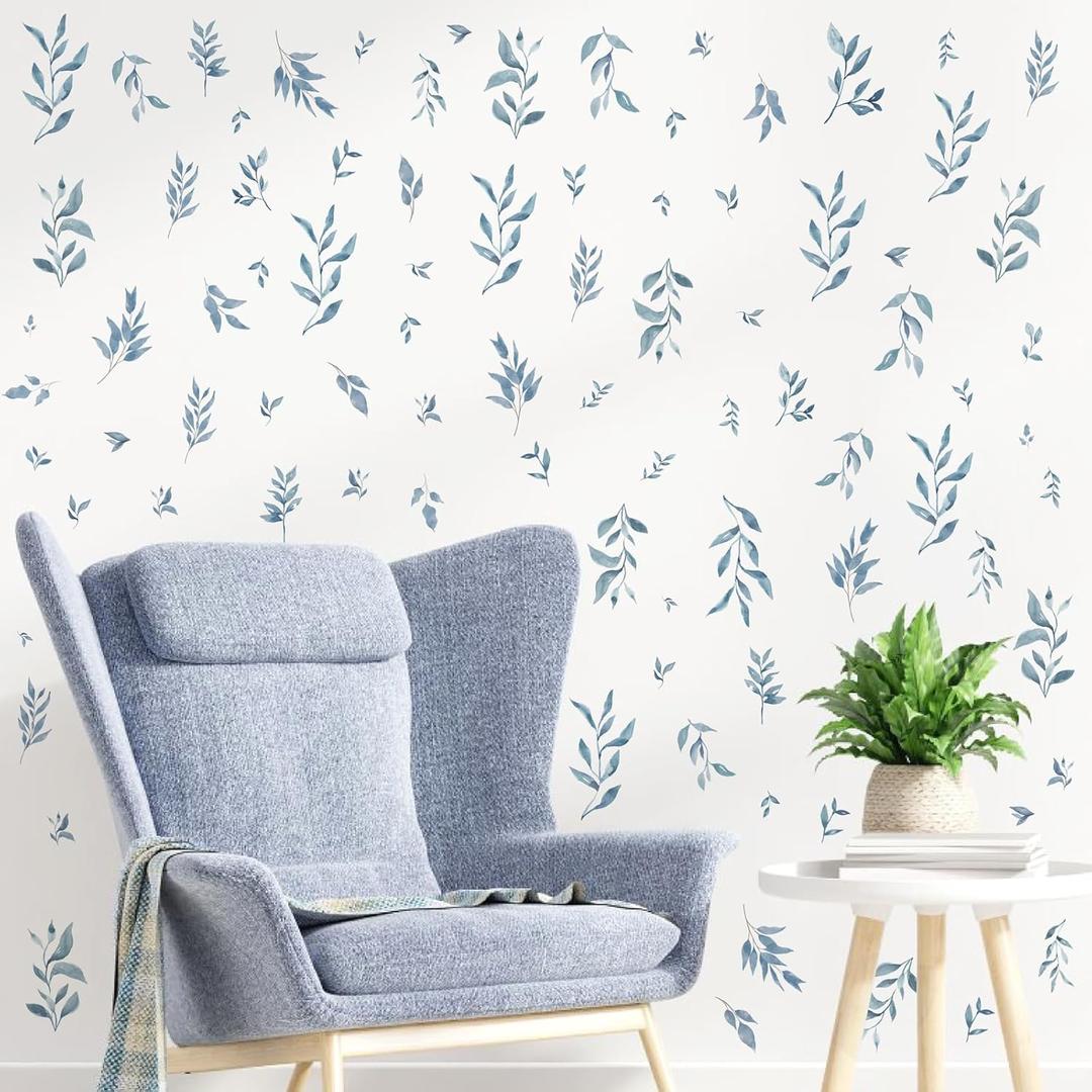 Watercolor Leaves Wall Stickers Blue Country Leaf Wall Decals Peel and Stick Small Tree Leaf Wall Stickers Removable Botanical Plant Leaves Wall Decals for Bedroom Living Room Decor