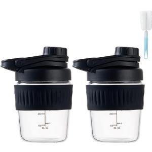 12oz Glass Shaker Bottle for Protein, 2 Pack Small Borosilicate Glass Protein Powder Leak-Proof Shaker Cup Mixes with 304 Blending Ball(12oz,Black)