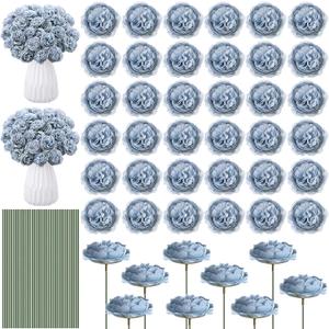 Thiccywoov 200 Pcs Flowers Long Stem Artificial Rose Bulk, 3.2 Inches Silk Rose Head Flowers Faux for Wedding Bridal Bouquet Independence Day Home Floral DIY Centerpieces Party Decoration(Dusty Blue)