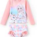Disney Mickey and Friends Girl Two Piece Long Sleeve Swimsuit Rashguard Bathing Suit (6 Years, Disney Elsa-Pink)