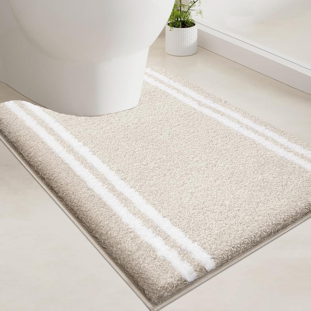 PURRUGS Bathroom Rug Non-Slip Machine Washable 20" x 24" U-Shaped, Super Absorbent and Quick Dry Shaggy Microfiber Bath Mat, Extra Soft and Plush Contour Rug for Toilet Base, Beige