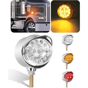 Amber Single Face 17 LED Watermelon Turn Signal Pedestal Lights w/Visor, Semi Truck Chrome Auxiliary Waterproof Reflector LED Lights for Freightliner Peterbilt Kenworth Mack Western Star