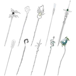 Lawie 8 Pack Silver Metal Hair Sticks Chopsticks Hair Pins Chinese Asian Hanfu Decorative Long Retro Hair Clips Snakes Swords Butterfly Jade Stone Vintage Hair Accessories for Women Girls