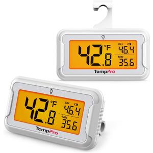 TempPro Refrigerator Thermometer 2 Pack with Large Backlit LCD Display, Waterproof Freezer Fridge Thermometer with Max/Min Record, Easy Battery Replacement for Room, Cooler (Previously ThermoPro)