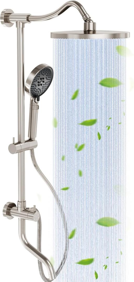 Rainshower Head with Handheld Spray, Retrofit Shower System with Solid Brass Connecter, High Pressure Shower Head with Adjustable Holder& Tub Spout, 60" Stainless Steel Hose, Brushed Nickel