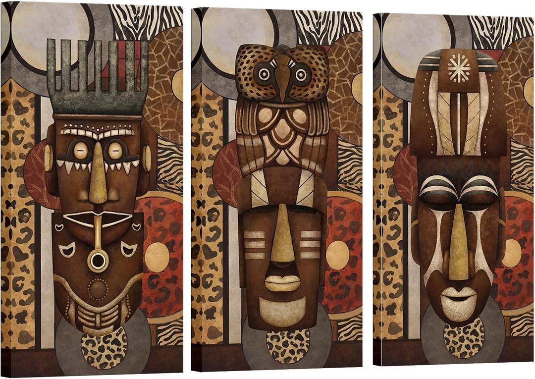 DuoBaorom African Masks Wall Decor Brown Yellow Ethnic Ancient Retro Artwork Tribal Painting for Bedroom 12x24inchx3pcs
