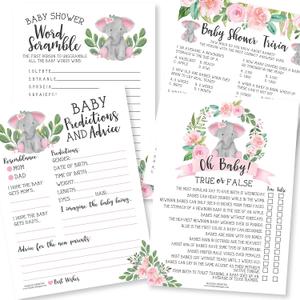 Hadley Designs Baby Shower Games for 25 Guests - Pink Elephant Baby Predictions & Advice Cards for New Parents, Trivia Game, Word Scramble, True or False Babyshower Games for Girl, Made in USA