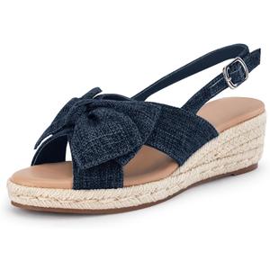 Coutgo Women's Espadrille Wedge Sandals Open Toe Slingback Platform Bowknot Casual Shoes, Navy blue, Size 8.5