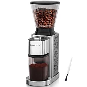 Aromaster Conical Coffee Bean Grinder with 48 Gind Settings, Burr Coffee Grinder for Home Use, Stainless Steel, 40 Seconds Adjustable Timer, Anti-static, Easy to Clean with Brush, Classic Silver