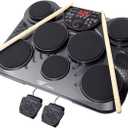 Pyle Electronic Tabletop Digital Drum Set, Compact Portable Drum Pad Kit w/ 8 Touch Sensitive Pads and Pedals, 600 Sounds, USB & Headphone Outputs, MIDI/AUX Inputs, 4x5 Drums & 4x3.5 Cymbals (Black)