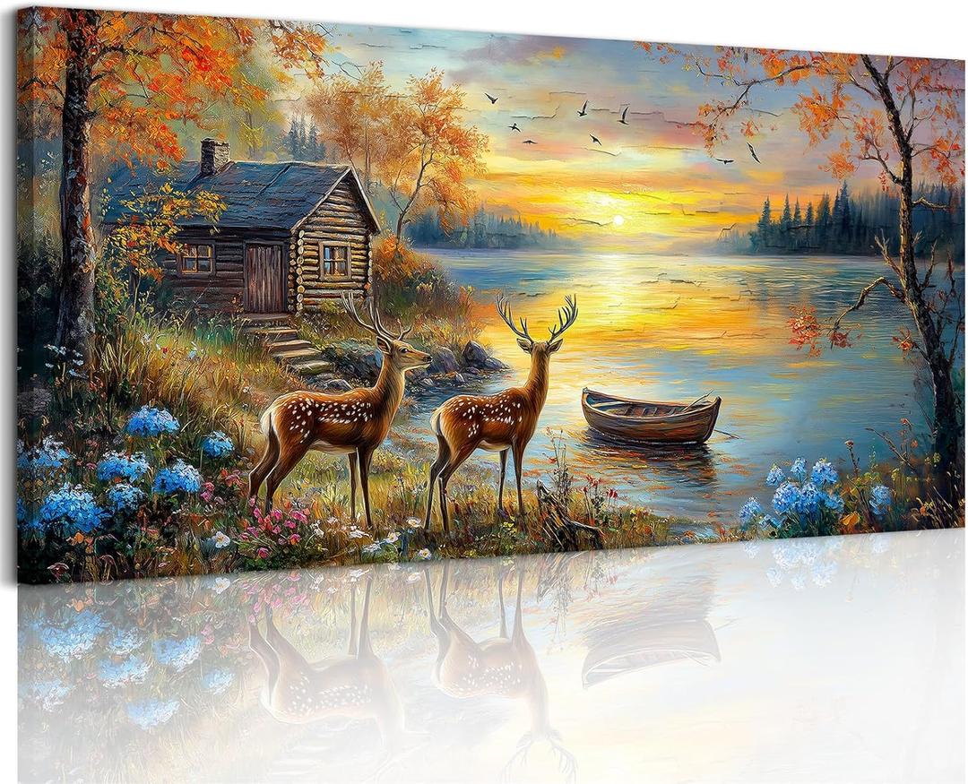crmotu Animal Landscape Wall Art, Lake Sunset Scenery Large Artwork, Cottage Deer Flower Rustic Canvas Art Prints, Nature Autumn Scenic Paintings Wall Decor Living Room Bedroom Kitchen 20X40 In (Elk River Sunset)