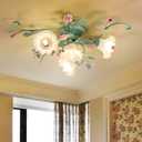 Pastoral Floral Ceiling Lights 4-Light Pink Rose Flush Mount Ceiling Lamp Glass Shade Ceiling Lighting Fixture for Kitchen Island Bedroom Living Room Cafe Bar