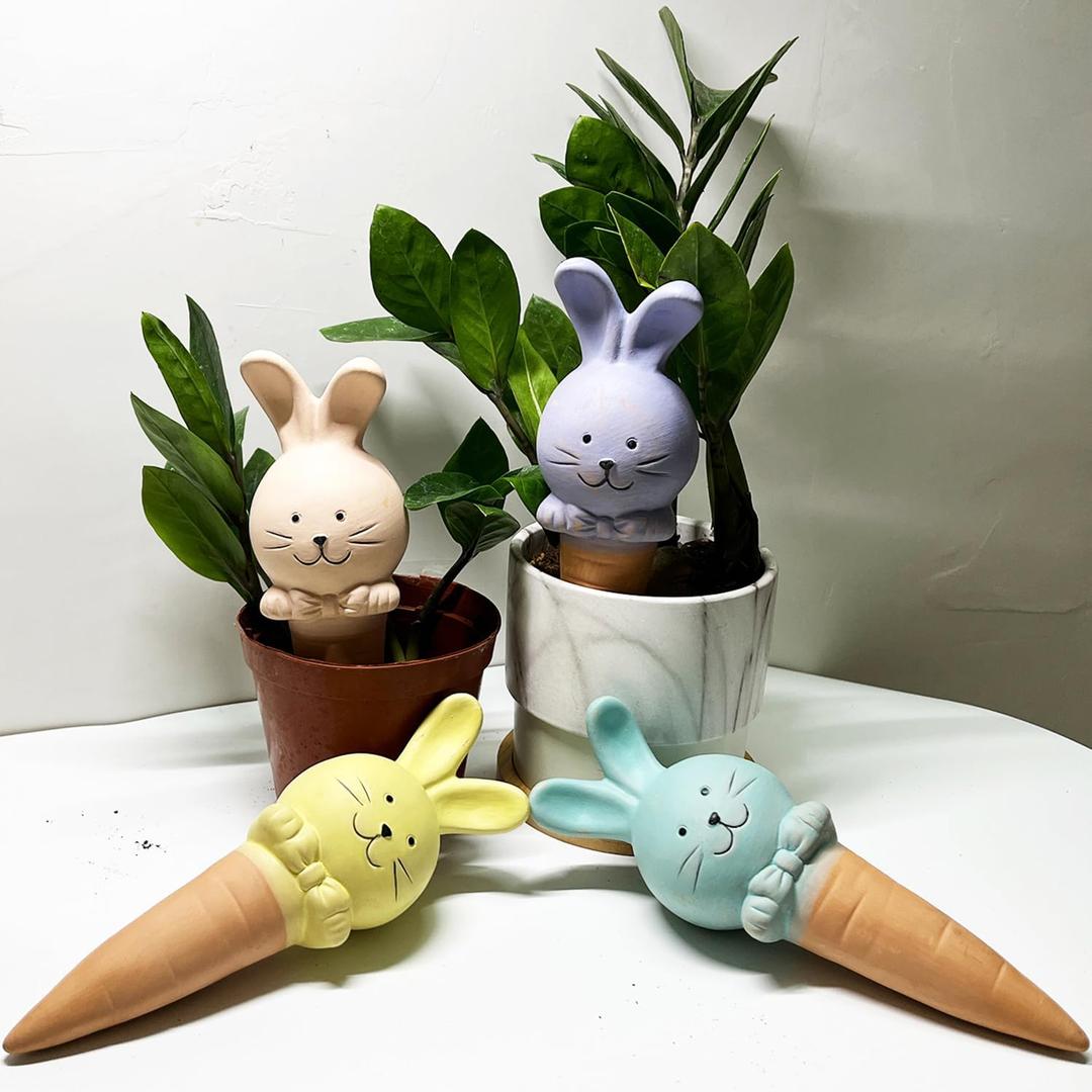 4 Pcs Plant Terracotta Self Watering Spikes, Vacation Plant Self Watering Devices, Clay Plant Watering Stakes Suitable for Indoor Plant Watering Globes Bunny Gifts Women Mom Grandma Wife Rabbit