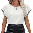 siliteelon Blouses for Women Business Casual Tops for Women Ruffle Short Sleeve Flowy Satin Silk Work Trendy Elegant Summer (White, XL)