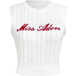 WDIRARA Women's Plus Size Sweater Vests Letter Crew Neck Sleeveless Knit Tank Tops (X-Large Plus, White)