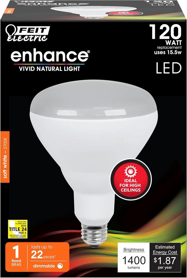 Feit Electric LED BR40 Bulb, 120W Equivalent, Dimmable, 1400 Lumens, 22 Year Life, 2700k Soft White, E26 Base Recessed Can Light Bulbs, Flood Light, Damp Rated, 1 Pack BR40DMHO/927CA