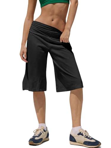 Fisoew Womens High Waisted Bermuda Long Shorts with Pocket Workout Wide Leg Loose Knee Length Shorts Cotton Short Pants 11" Black, Size M