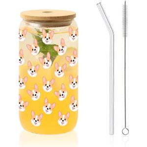 Glass Cups with Lids and Straws, Corgi Head Corgi Head Iced Coffee Cup Drinking Tumbler Mug Gifts for Women Valentines Day, Birthday, Wedding, Mothers Day, Christmas