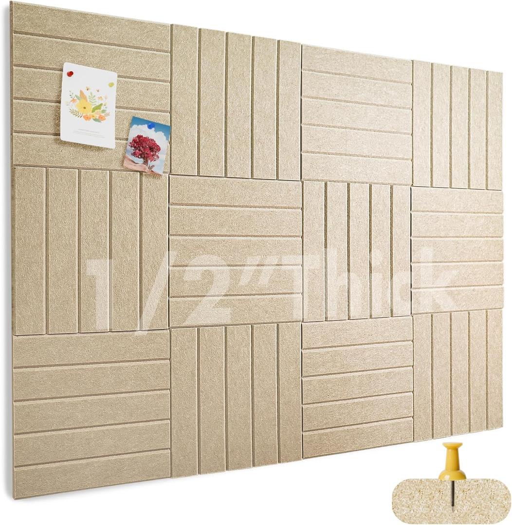 Large Cork Boards for Walls 48"x 36" - 1/2 Thick Bulletin Board, 12 Pack Felt Wall Tiles with Safe Removable Adhesive Tabs, Pin Board Cork Board for Office - Tan