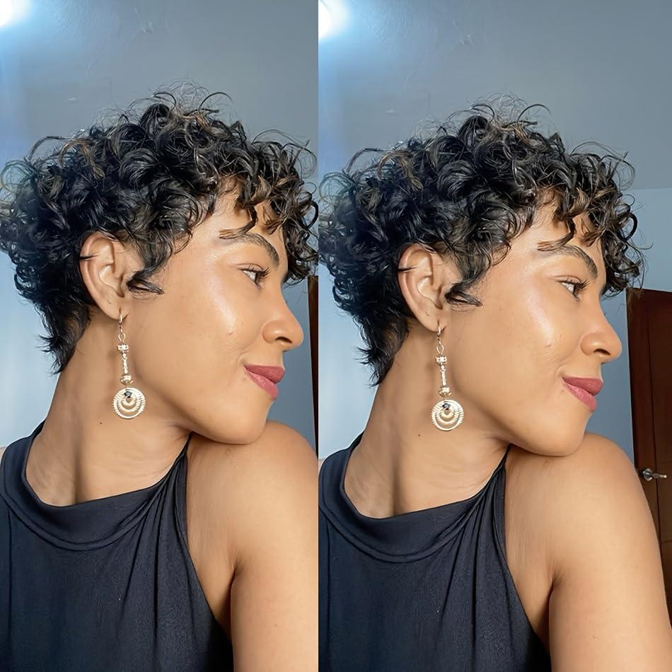 Short Curly Pixie Cut Wigs with Bangs Human Hair for Black Women Non Lace Full Machine Made Rose Net Cap Human Hair Pixie Wig Brazilian Virgin Glueless Bob Wig Human Hair Short Layered Wigs For Women (2#)