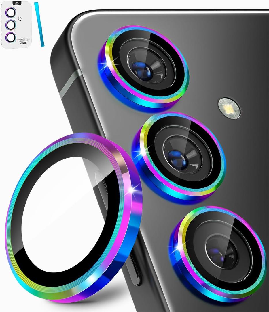 CloudValley for Samsung Galaxy S25 Camera Lens Protector, 9H Tempered Glass + Aluminum Alloy Metal Individual Lens Protective Ring, [1 Second Installaion] Ultra-HD Tempered Glass Cover,Colorful