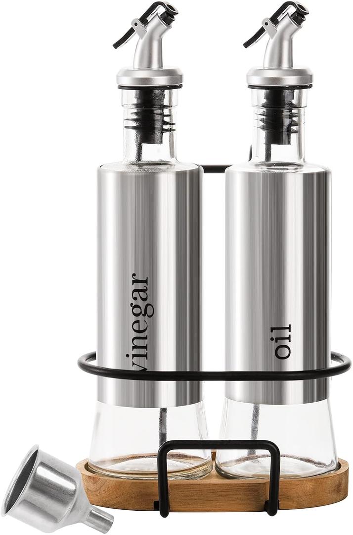 Tebery 2 Pack Olive Oil and Vinegar Bottle Set with Rack and Wooden Base, 10OZ Olive Dispenser Glass Cooking Oil Cruet Bottles with Pourers and Funnel for Kitchen