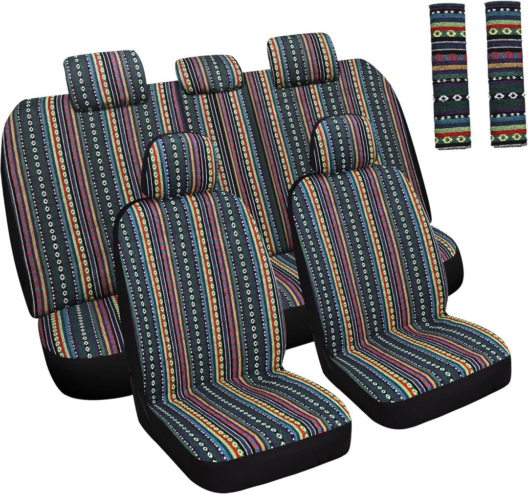Baja Saddle Blanket Car Seat Covers Full Set with Seat Belt Pads, Washable Breathable Seat Covers for Cars, Universal Fit Interior Covers for Most Cars, Airbag Compatible, Red/Blue