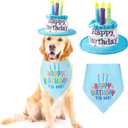 Large Dog Birthday Cake Hat & Bandana Scarfs Set Blue, Handmade Dog Happy Birthday Hat with Colorful Candles, Extral Large Dog Birthday Party Supplies Decorations (Large, Blue)