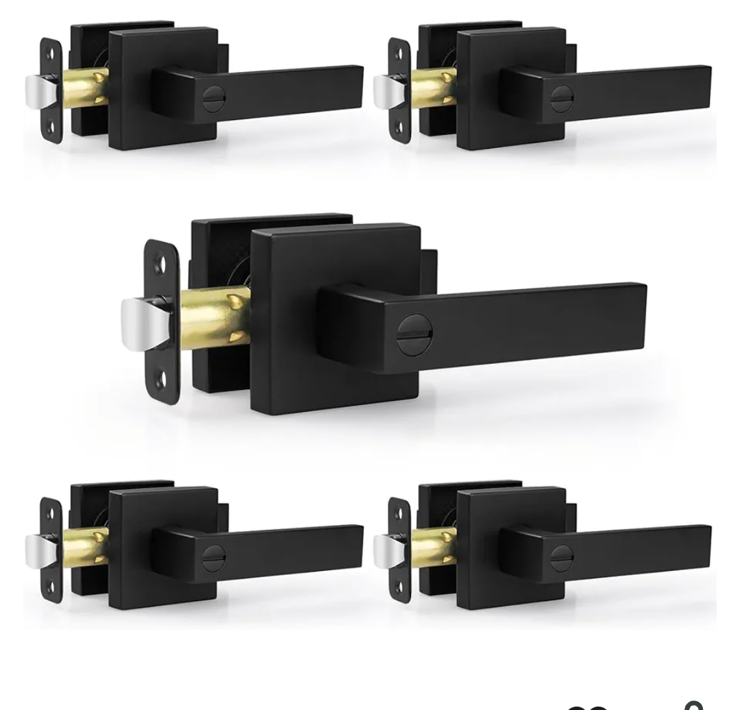 Estmoon 5 Pack Matte Black Door Handles Interior Door Knobs, Keyless Privacy Bedroom Door Lock, Heavy Duty Zinc Alloy Home Improvement Door Leverset for Bedrooms Bathrooms