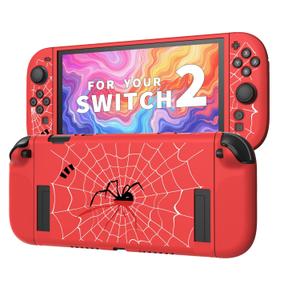 JEMDO Textured Grip Protective Case Compatible with Nintendo Switch 2 (2025) Only  Spider Web Design, Red Matte Shockproof TPU Shell with Anti-Slip Handles, Ergonomic & Comfort Slim Back Cover