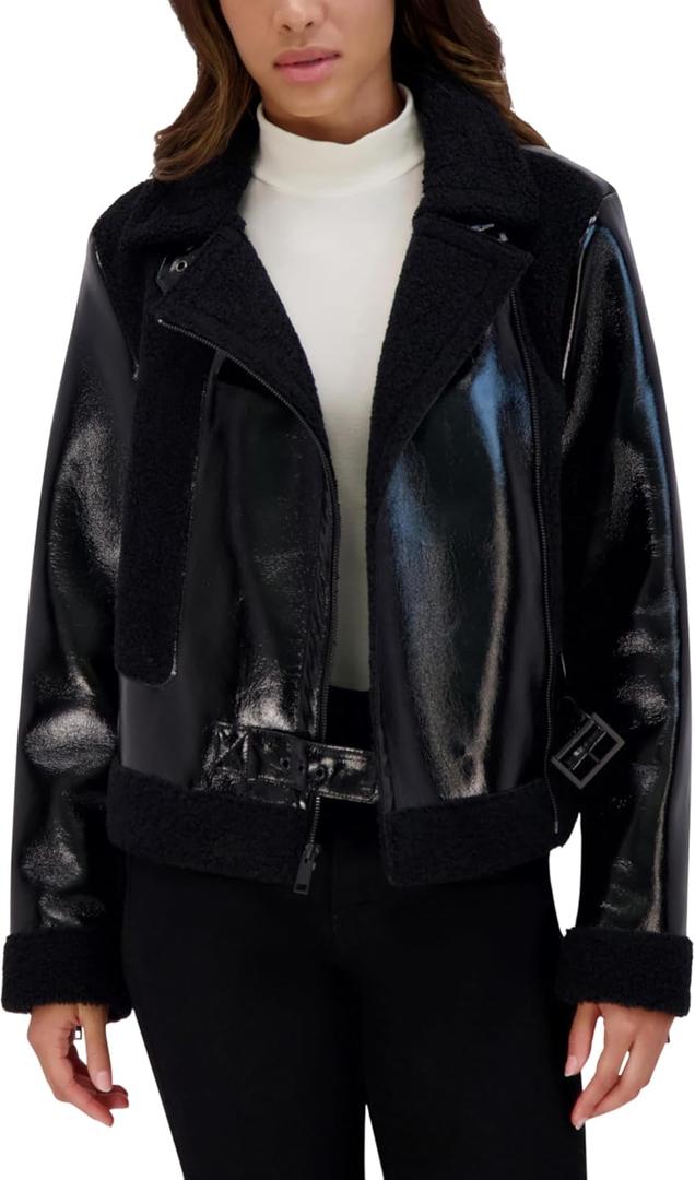 Andrew Marc Women's Moto Faux Patent Leather Jacket (Black, S) Andrew Marc Women's Moto Faux Patent Leather Jacket (Black, S)