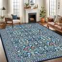 8x10 Area Rugs for Living Room, Washable Rug Floral Vintage Rugs for Bedroom Non Slip Low Pile Large Blue Boho Carpet Indoor Kitchen Dining Room Office Playroom Floor Mat