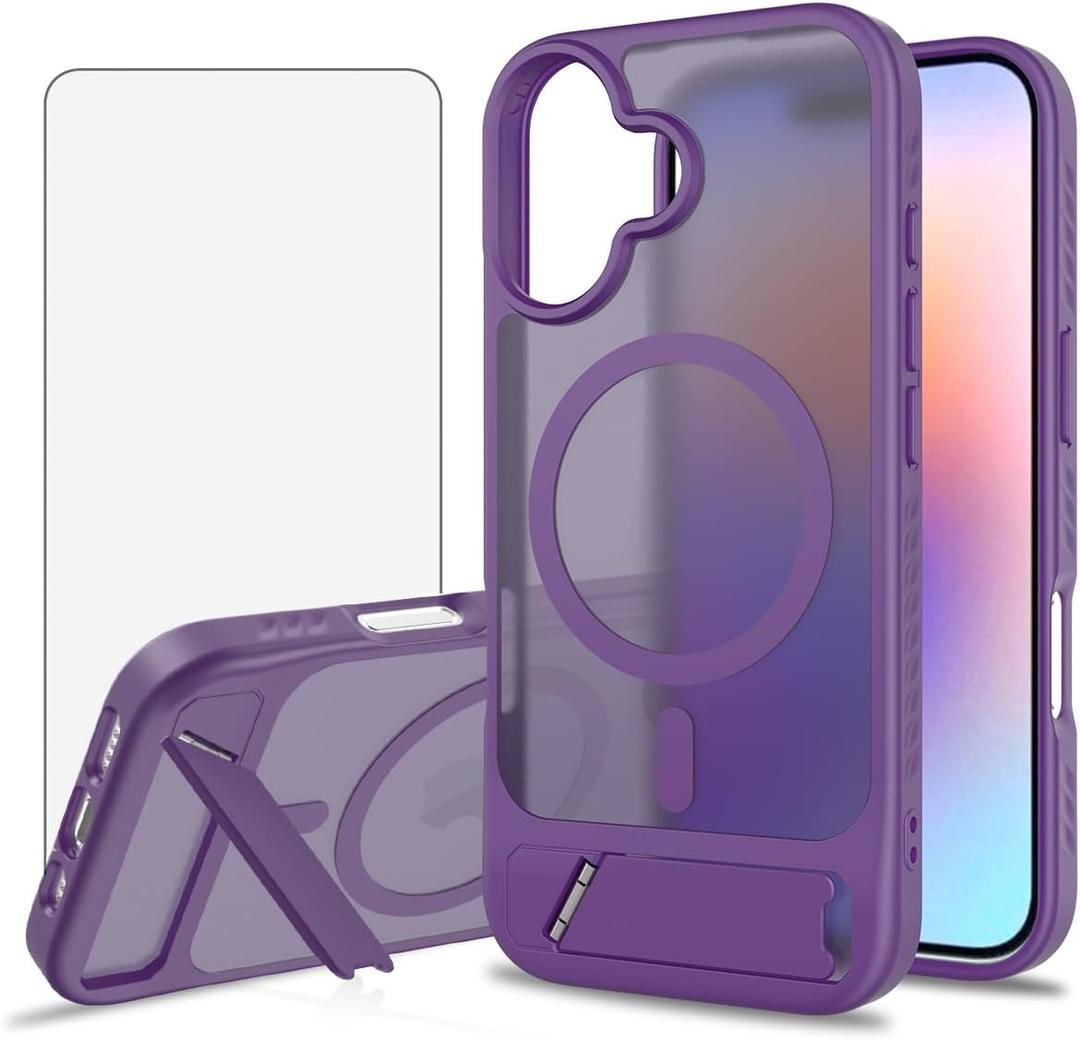 Asuwish Phone Case for iPhone 17 6.3 inch, Compatible with Magsafe Magnetic, Tempered Glass Screen Protector, Folding Stand Shockproof Protective Cell Cover i Phone17 i17 17Case Women Men Purple